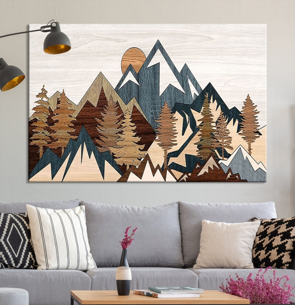 Boho Mountain Landscape Forest Wall Art Stretched Canvas Print Framed Set of