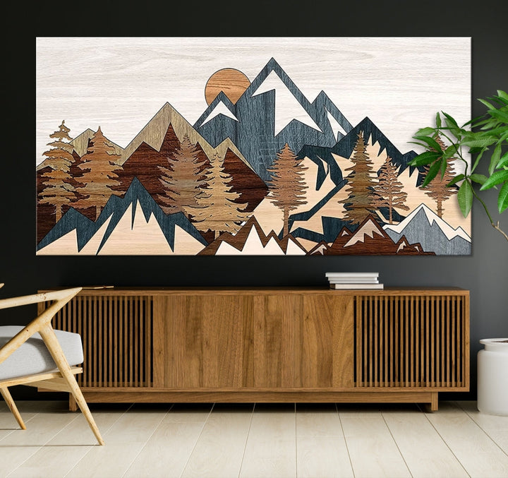 Boho Mountain Landscape Forest Wall Art Stretched Canvas Print Framed Set of