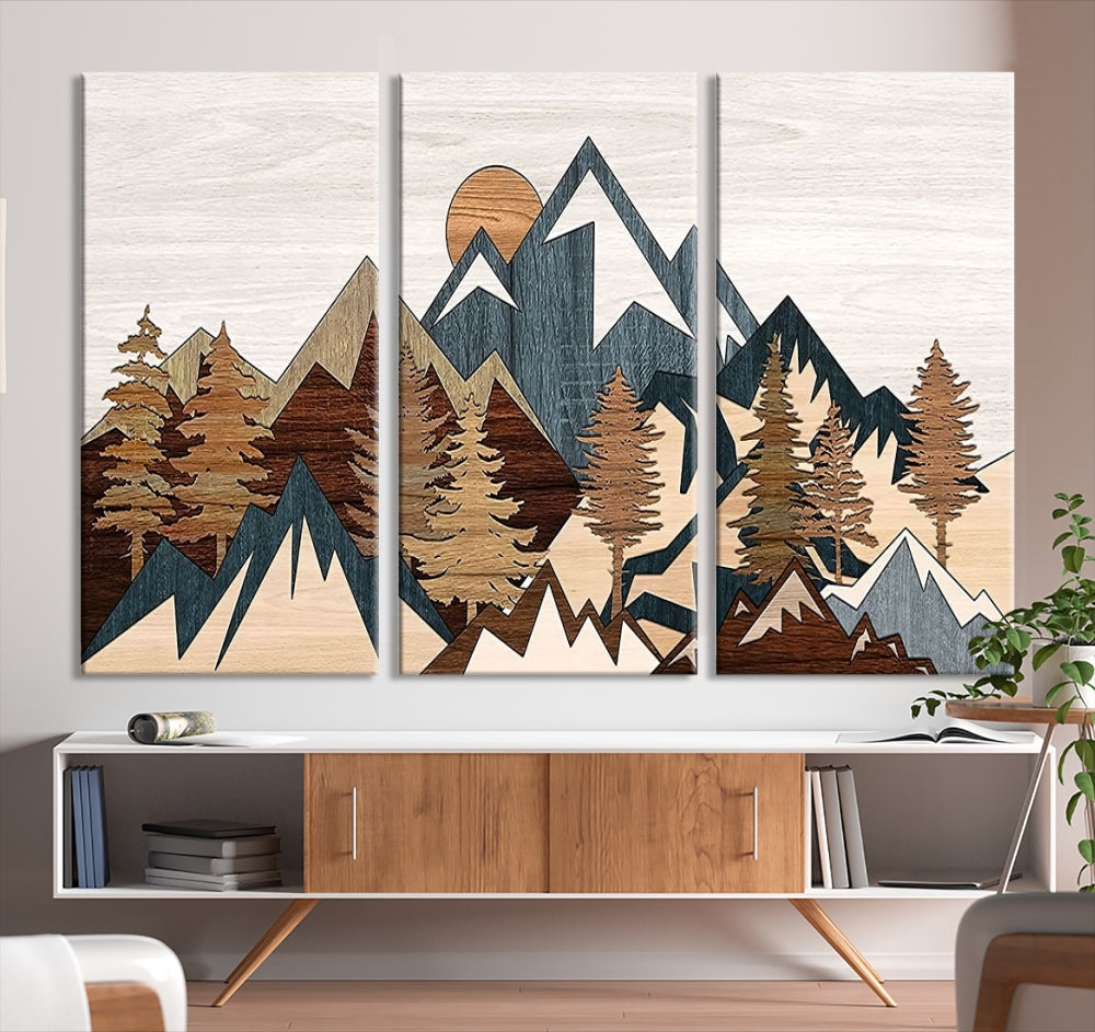 Boho Mountain Landscape Forest Wall Art Stretched Canvas Print Framed Set of