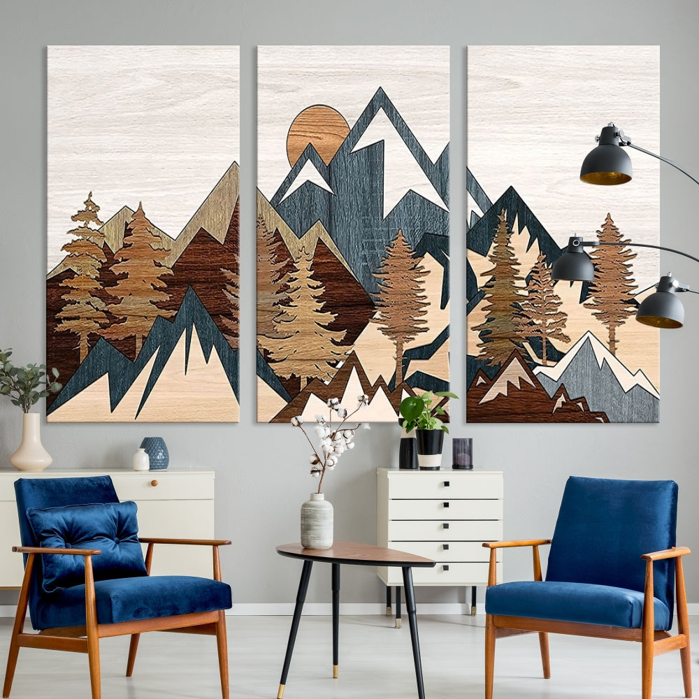 Boho Mountain Landscape Forest Wall Art Stretched Canvas Print Framed Set of