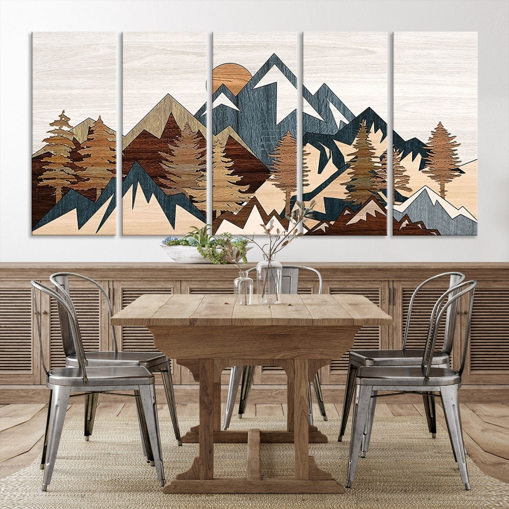 Boho Mountain Landscape Forest Wall Art Stretched Canvas Print Framed Set of