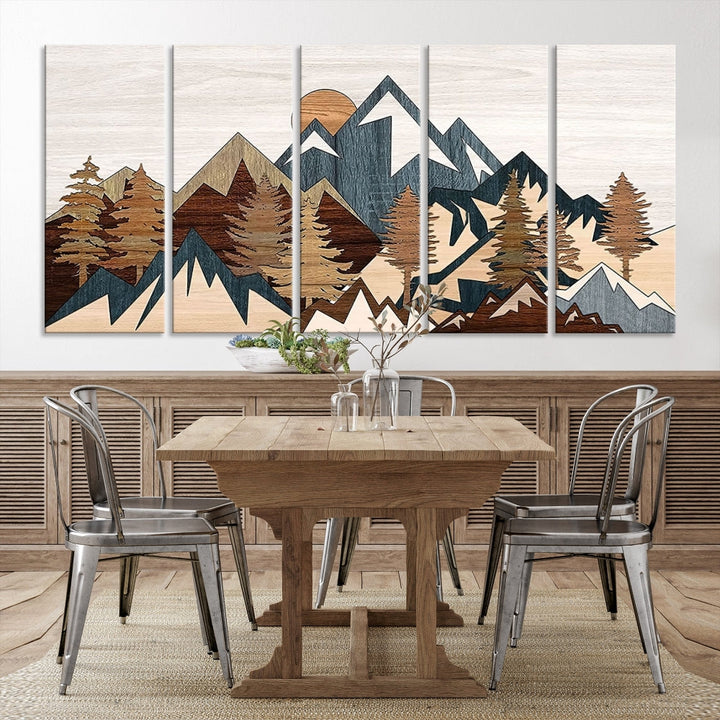 Boho Mountain Landscape Forest Wall Art Stretched Canvas Print Framed Set of