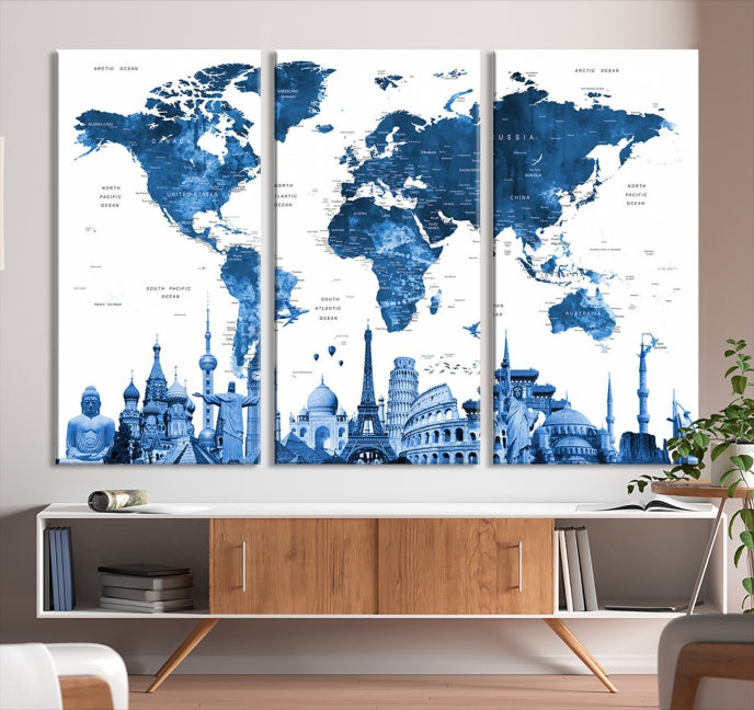 Large Blue Watercolor World Map Wall Art Wonders of the World Canvas Print