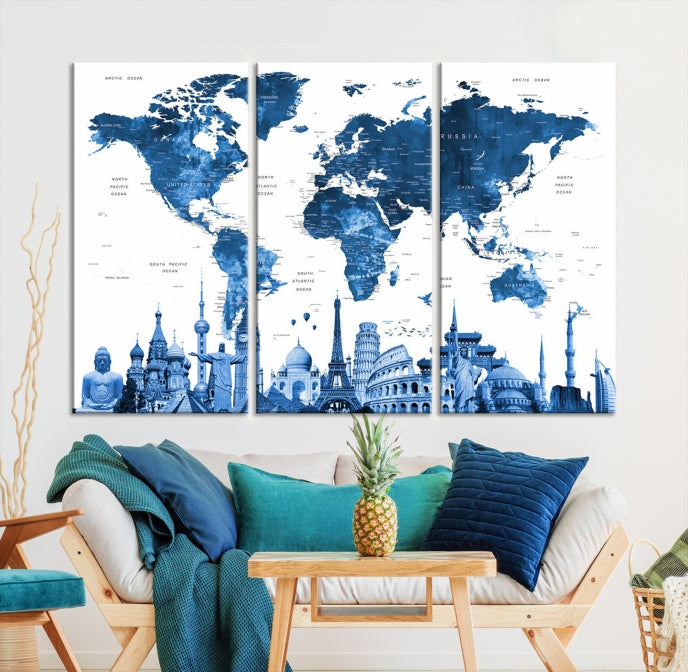 Large Blue Watercolor World Map Wall Art Wonders of the World Canvas Print