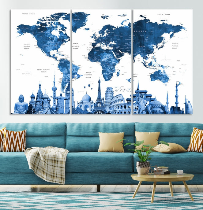 Large Blue Watercolor World Map Wall Art Wonders of the World Canvas Print