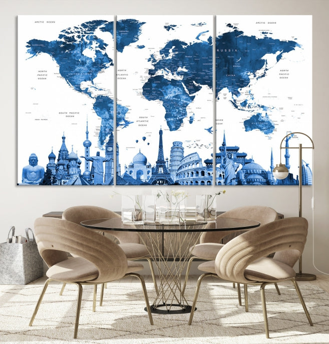 Large Blue Watercolor World Map Wall Art Wonders of the World Canvas Print