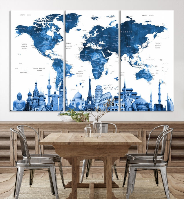 Large Blue Watercolor World Map Wall Art Wonders of the World Canvas Print