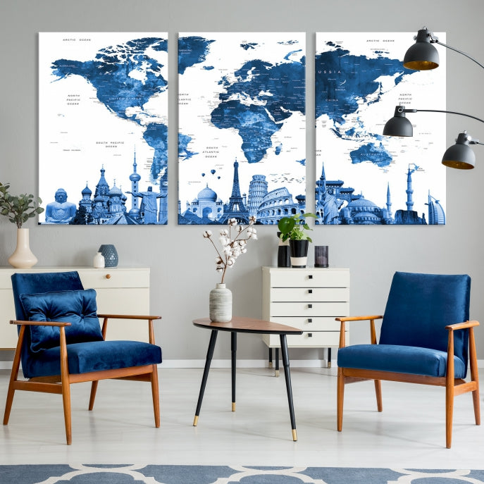 Large Blue Watercolor World Map Wall Art Wonders of the World Canvas Print