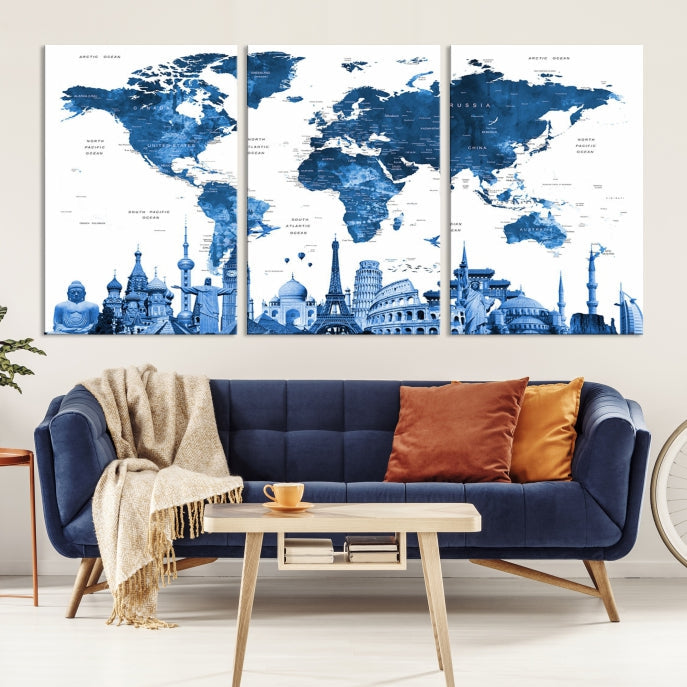 Large Blue Watercolor World Map Wall Art Wonders of the World Canvas Print