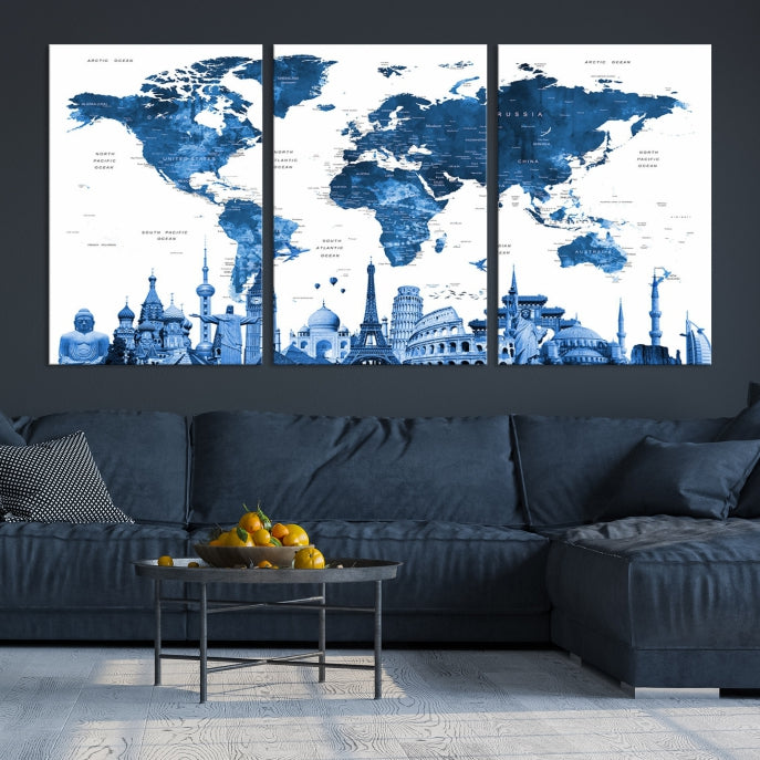 Large Blue Watercolor World Map Wall Art Wonders of the World Canvas Print