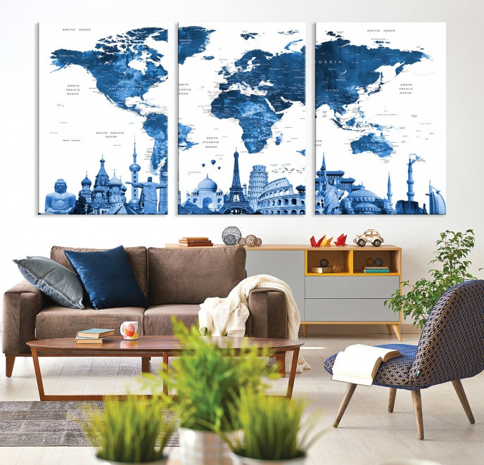 Large Blue Watercolor World Map Wall Art Wonders of the World Canvas Print