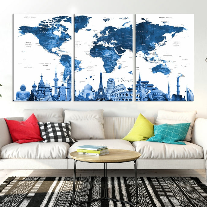 Large Blue Watercolor World Map Wall Art Wonders of the World Canvas Print