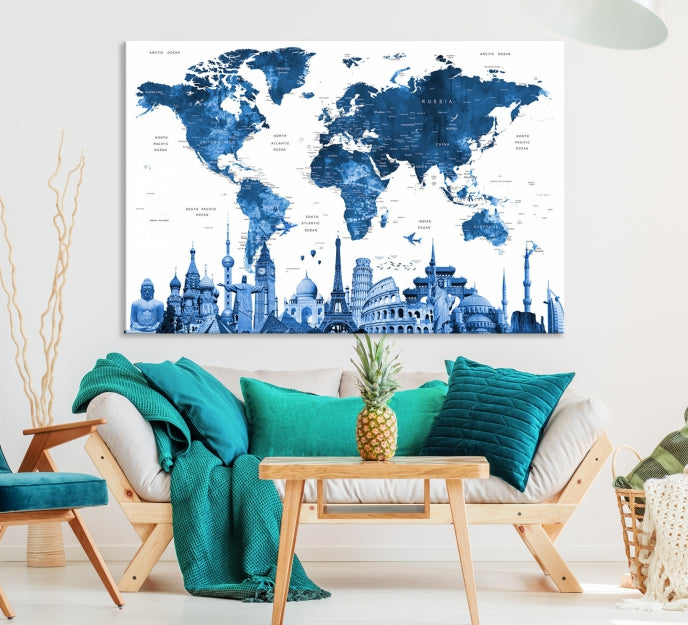 Large Blue Watercolor World Map Wall Art Wonders of the World Canvas Print