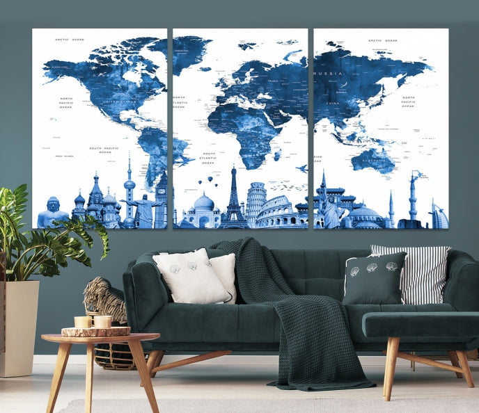 Large Blue Watercolor World Map Wall Art Wonders of the World Canvas Print