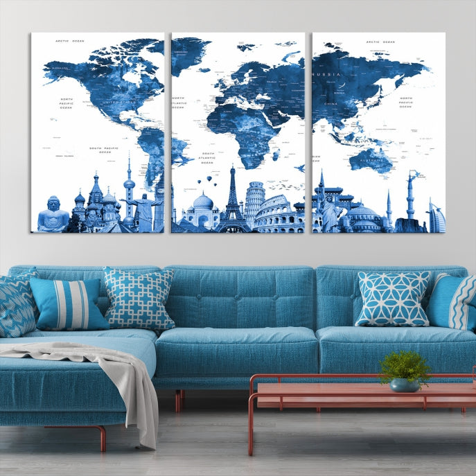 Large Blue Watercolor World Map Wall Art Wonders of the World Canvas Print