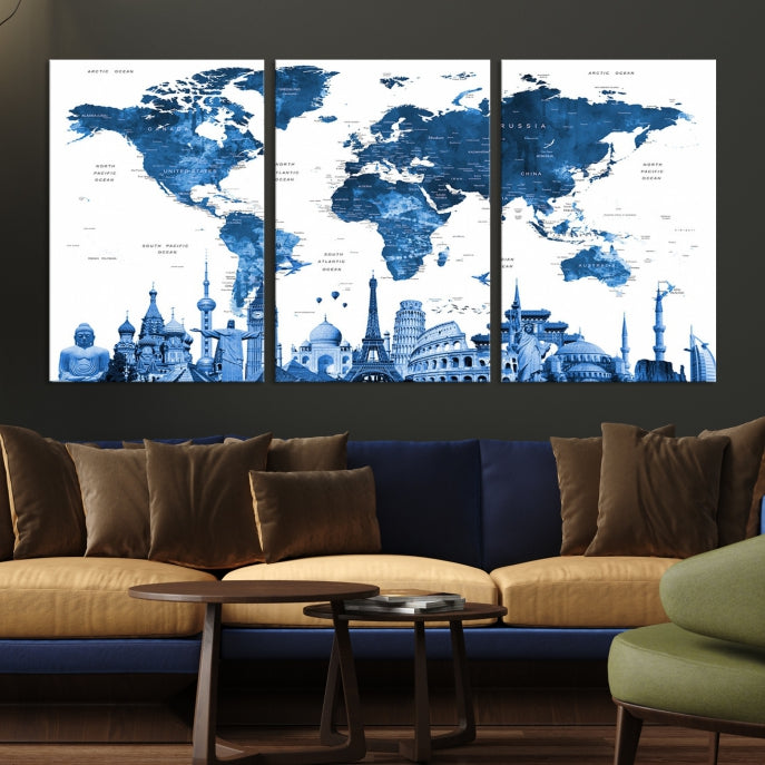 Large Blue Watercolor World Map Wall Art Wonders of the World Canvas Print