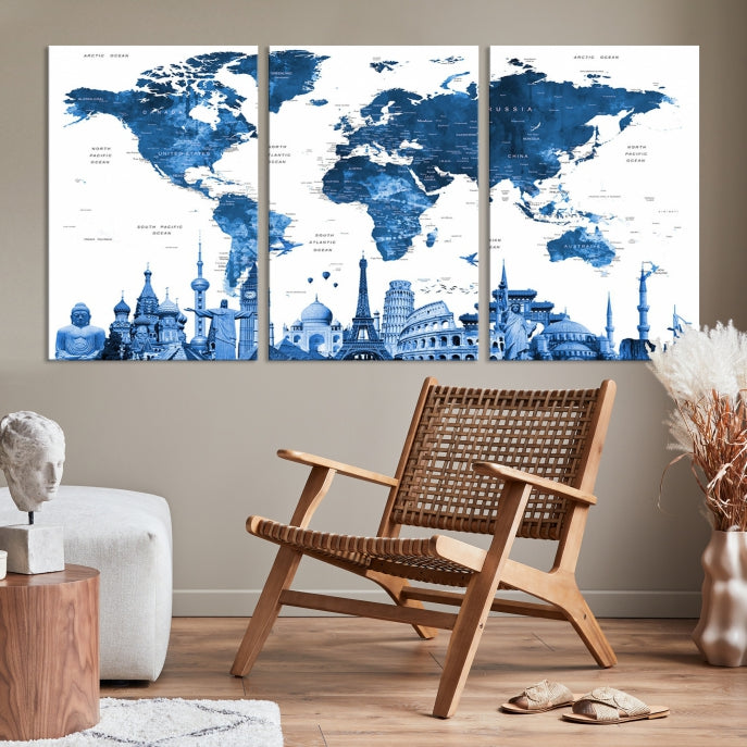 Large Blue Watercolor World Map Wall Art Wonders of the World Canvas Print