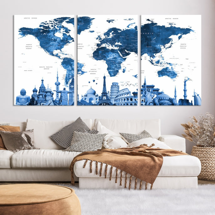 Large Blue Watercolor World Map Wall Art Wonders of the World Canvas Print