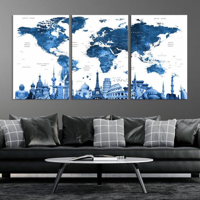 Large Blue Watercolor World Map Wall Art Wonders of the World Canvas Print