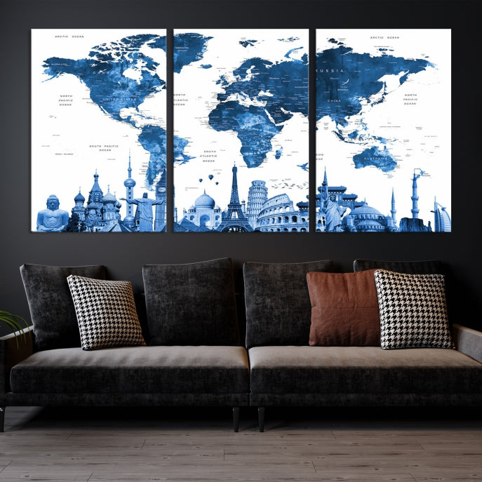 Large Blue Watercolor World Map Wall Art Wonders of the World Canvas Print