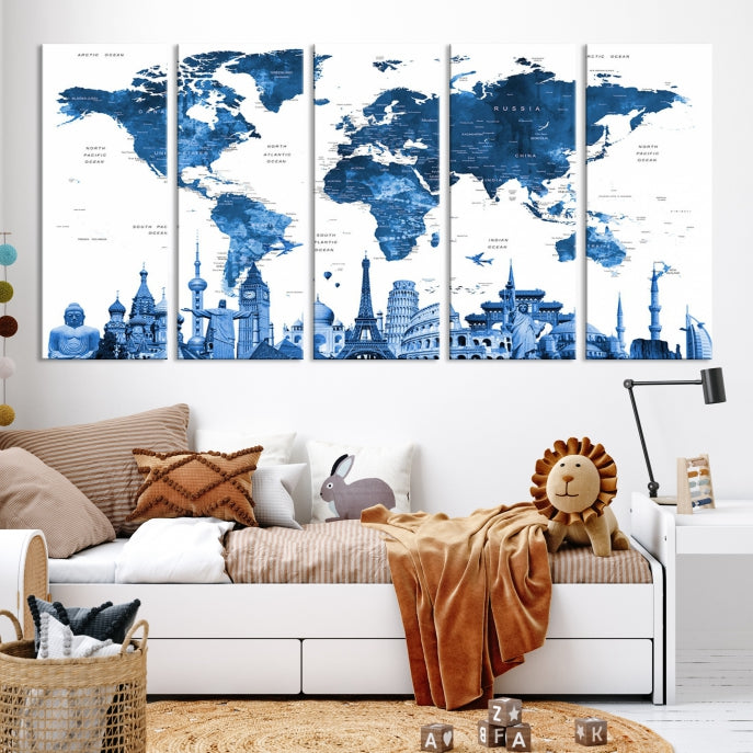 Large Blue Watercolor World Map Wall Art Wonders of the World Canvas Print