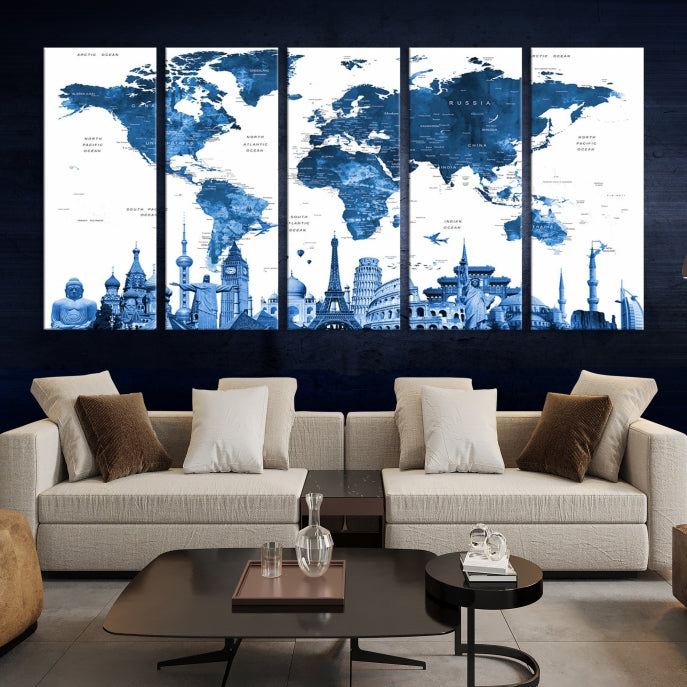 Large Blue Watercolor World Map Wall Art Wonders of the World Canvas Print