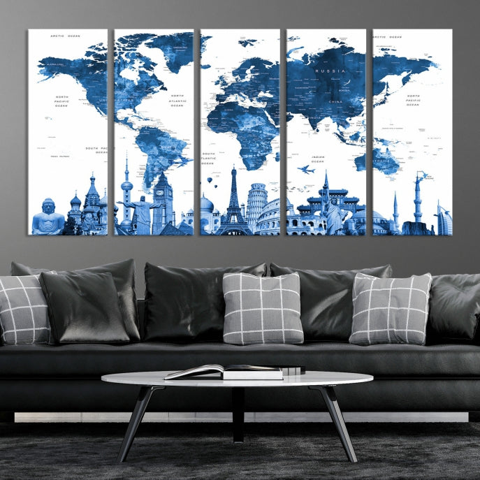 Large Blue Watercolor World Map Wall Art Wonders of the World Canvas Print