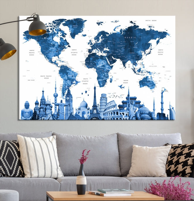 Large Blue Watercolor World Map Wall Art Wonders of the World Canvas Print