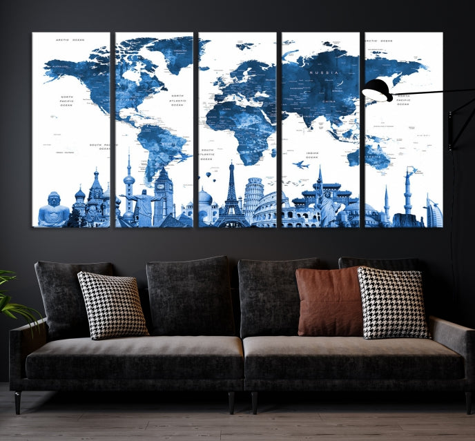 Large Blue Watercolor World Map Wall Art Wonders of the World Canvas Print