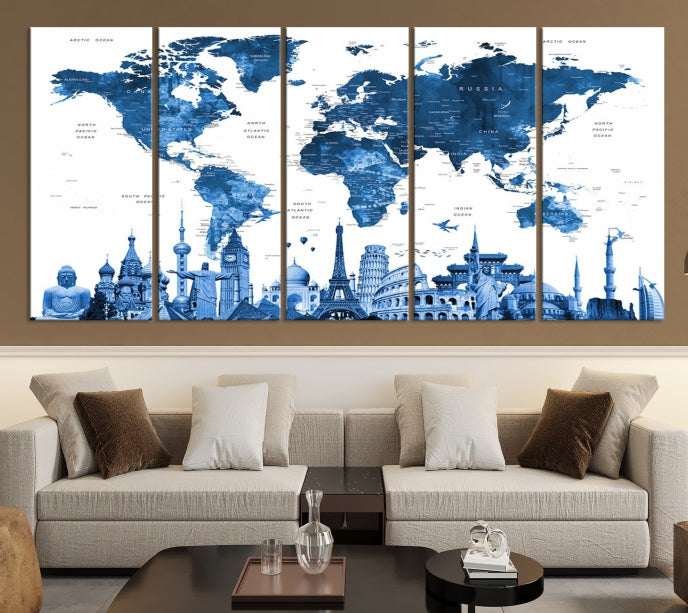 Large Blue Watercolor World Map Wall Art Wonders of the World Canvas Print