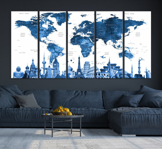 Large Blue Watercolor World Map Wall Art Wonders of the World Canvas Print