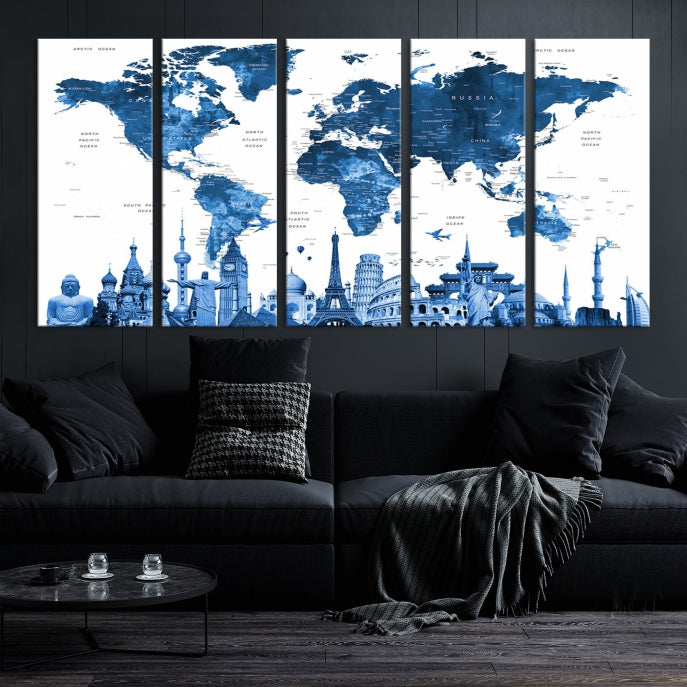 Large Blue Watercolor World Map Wall Art Wonders of the World Canvas Print