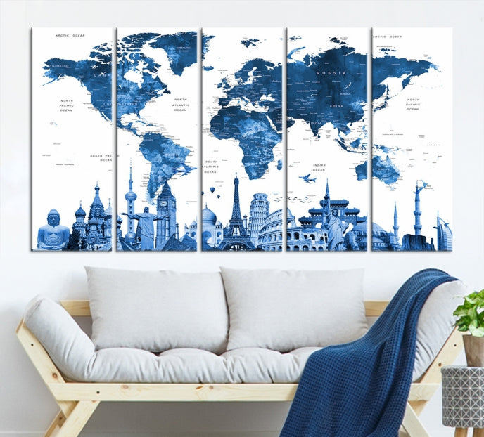 Large Blue Watercolor World Map Wall Art Wonders of the World Canvas Print