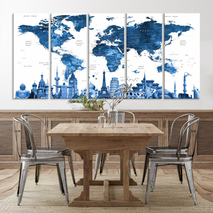 Large Blue Watercolor World Map Wall Art Wonders of the World Canvas Print