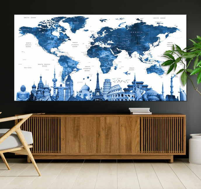 Large Blue Watercolor World Map Wall Art Wonders of the World Canvas Print