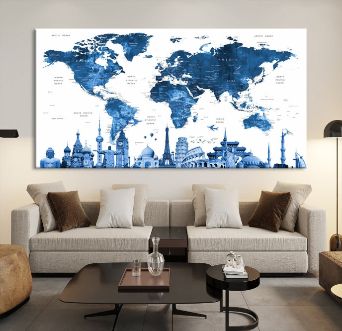 Large Blue Watercolor World Map Wall Art Wonders of the World Canvas Print