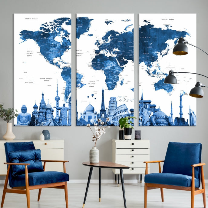 Large Blue Watercolor World Map Wall Art Wonders of the World Canvas Print