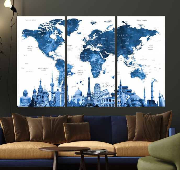 Large Blue Watercolor World Map Wall Art Wonders of the World Canvas Print