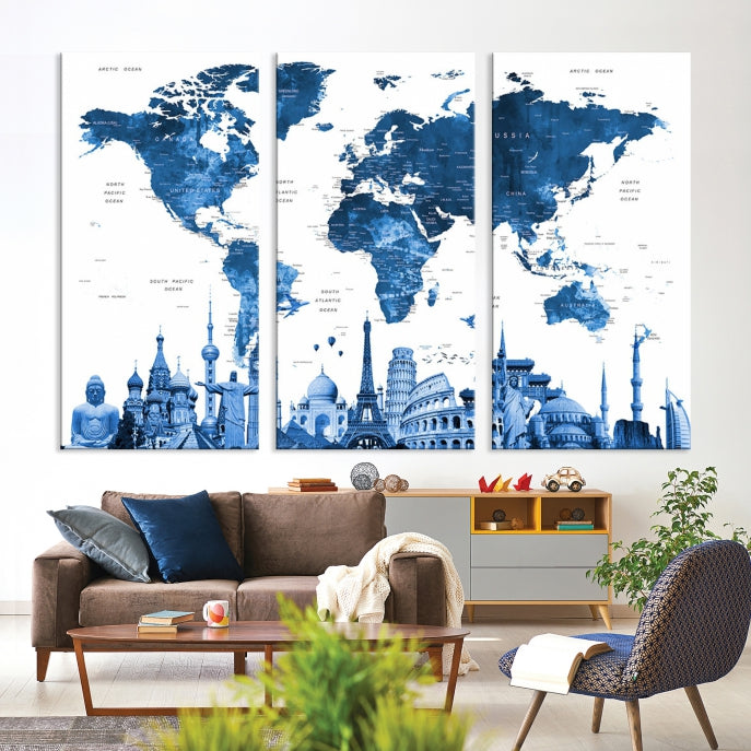 Large Blue Watercolor World Map Wall Art Wonders of the World Canvas Print