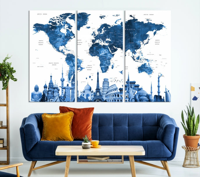 Large Blue Watercolor World Map Wall Art Wonders of the World Canvas Print