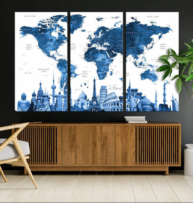 Large Blue Watercolor World Map Wall Art Wonders of the World Canvas Print