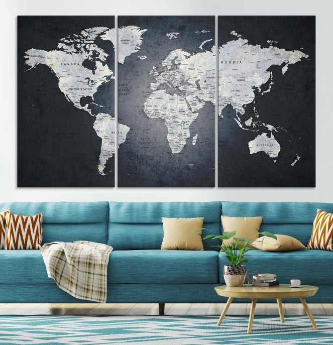 World Map on Metalic Black Background Detailed Travel Map Wall Art Canvas Print