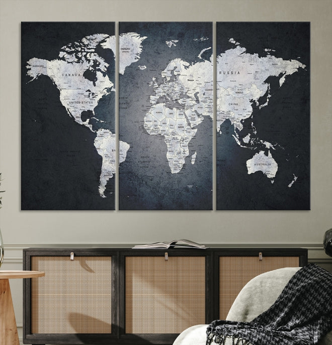 World Map on Metalic Black Background Detailed Travel Map Wall Art Canvas Print