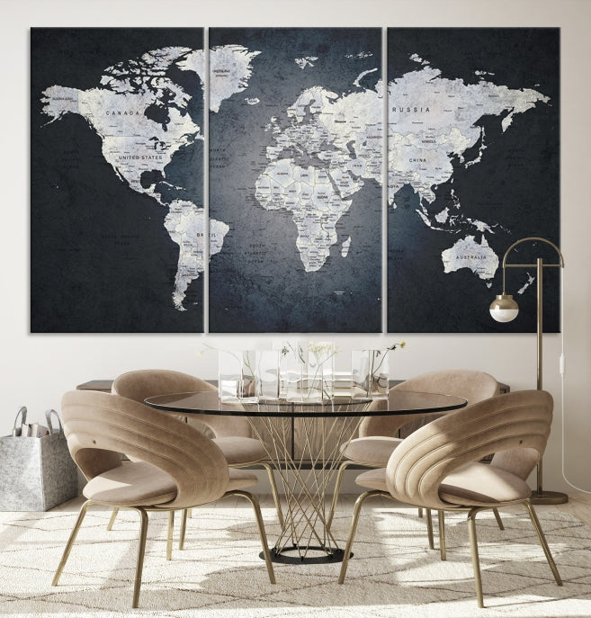 World Map on Metalic Black Background Detailed Travel Map Wall Art Canvas Print