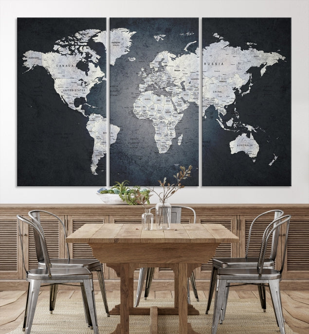 World Map on Metalic Black Background Detailed Travel Map Wall Art Canvas Print