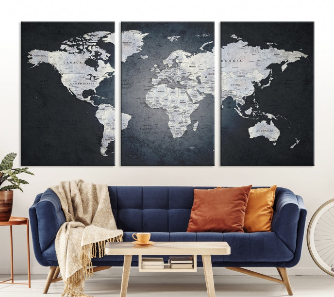 World Map on Metalic Black Background Detailed Travel Map Wall Art Canvas Print