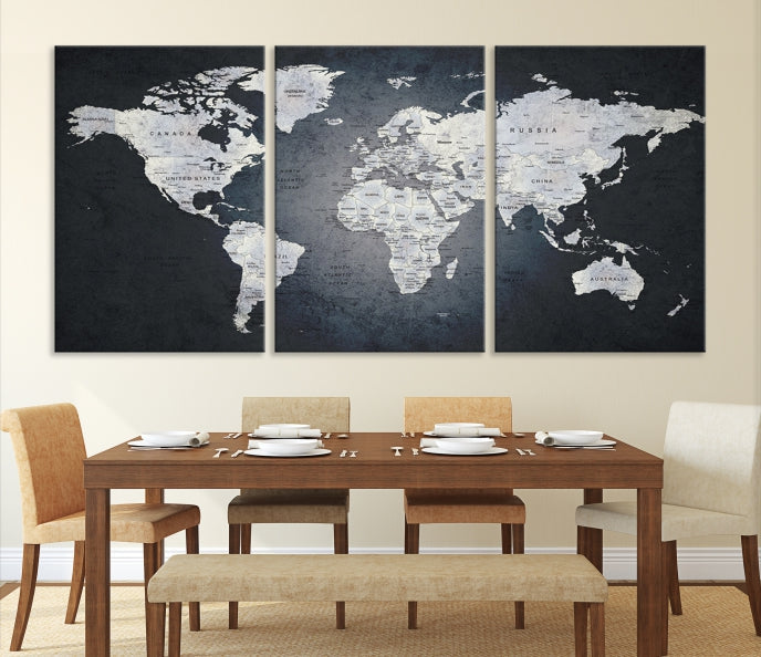 World Map on Metalic Black Background Detailed Travel Map Wall Art Canvas Print