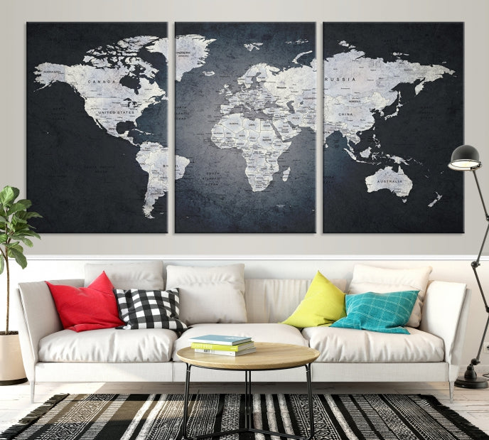 World Map on Metalic Black Background Detailed Travel Map Wall Art Canvas Print