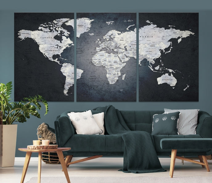 World Map on Metalic Black Background Detailed Travel Map Wall Art Canvas Print