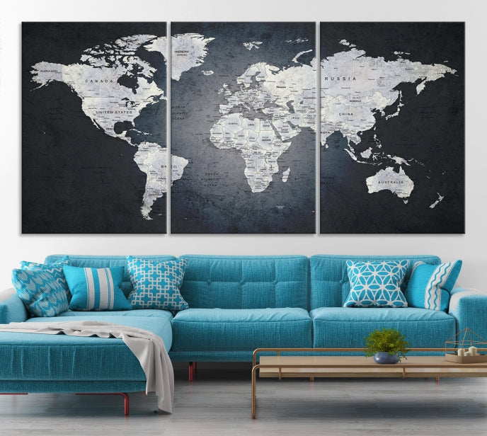 World Map on Metalic Black Background Detailed Travel Map Wall Art Canvas Print